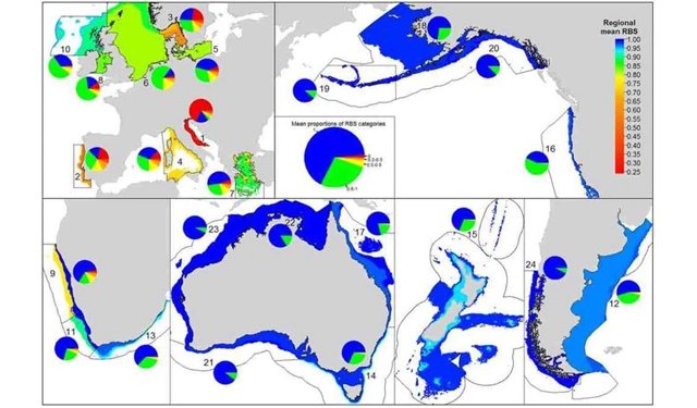 Figure 1 of Pitcher et al. 2022 shows the RBS of 24 different regions of the world. The pie charts show the proportional area of each region, i.e. regions are coloured according to their most common RBS, but the entire region is not necessarily uniform in impact.